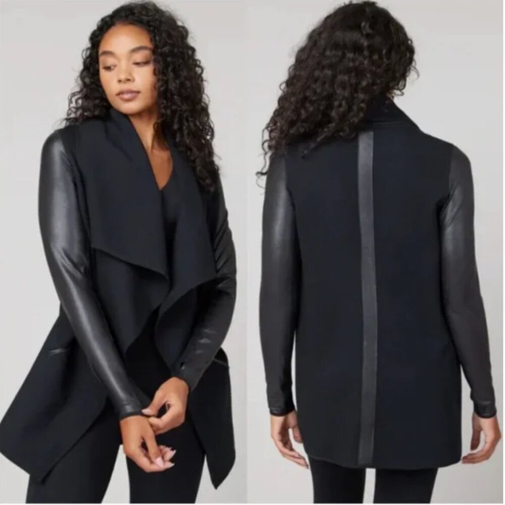 Spanx Convertible Jacket Drape Front Ponte Faux Leather Pockets Black Size Small